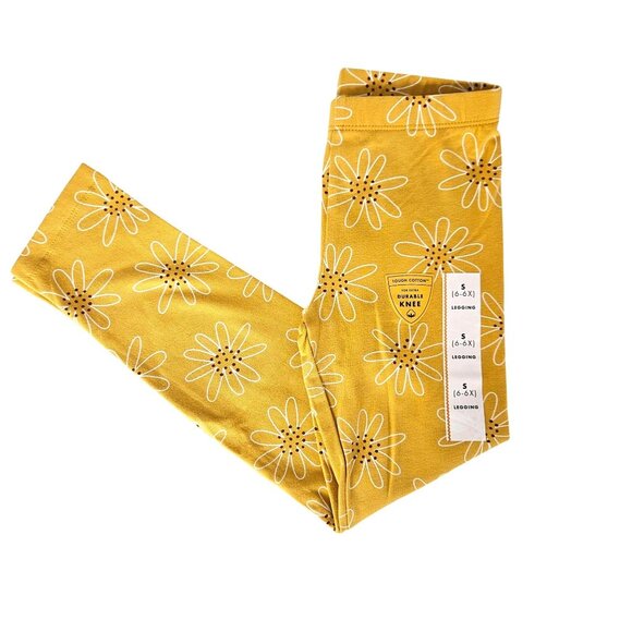 Cat & Jack Girls' Yellow Floral Leggings Size S (6-6X) Durable Knee Tough Cotton - Picture 1 of 9